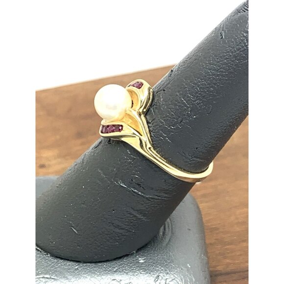 Pearl Red Gemstone Cocktail Ring 10k Yellow Gold Estate Jewelry Women's Size 7 - Picture 8 of 14